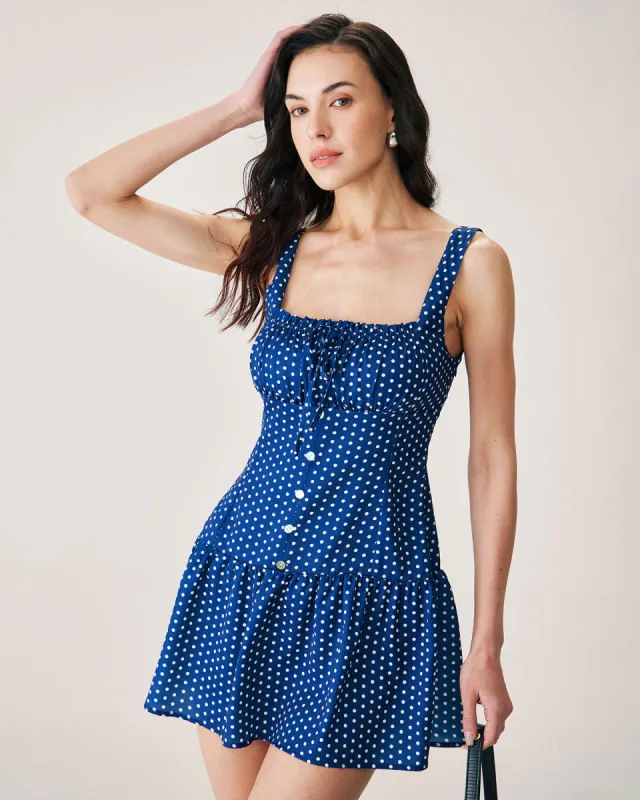 Blue Polka Dot Ruched Slip Mini Dress sold by rihoas