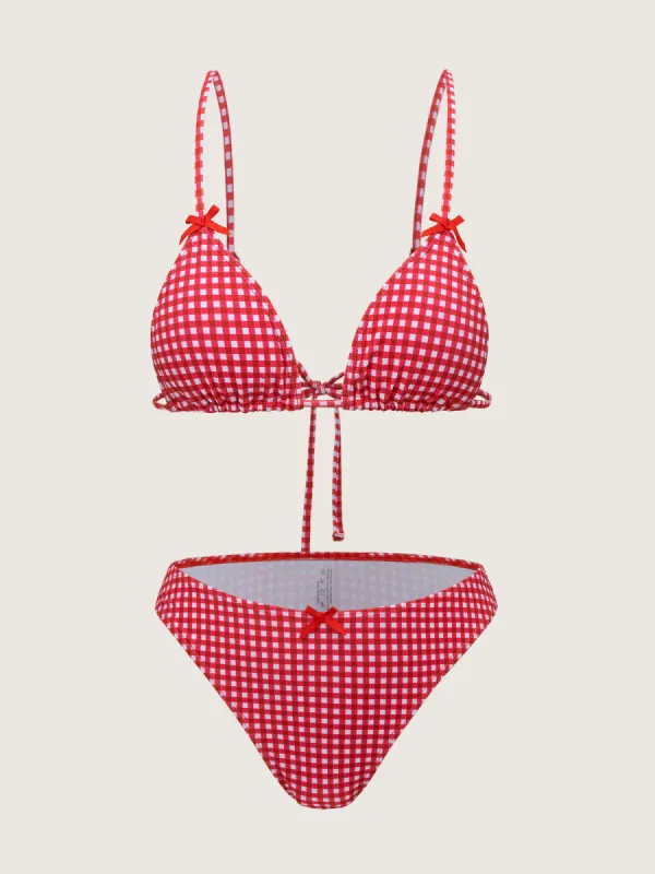 Red Plaid knot Bikini Set sold by rihoas