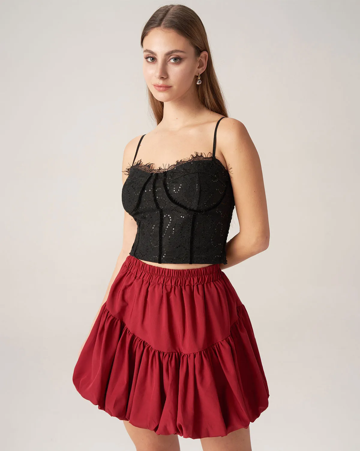 Bettydress-Red Elastic Waist Bubble Mini Skirt sold by rihoas