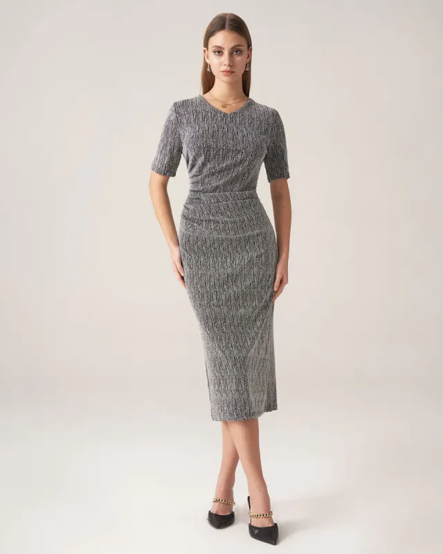 Bettydress-Silver V Neck Ruched Midi Dress sold by rihoas