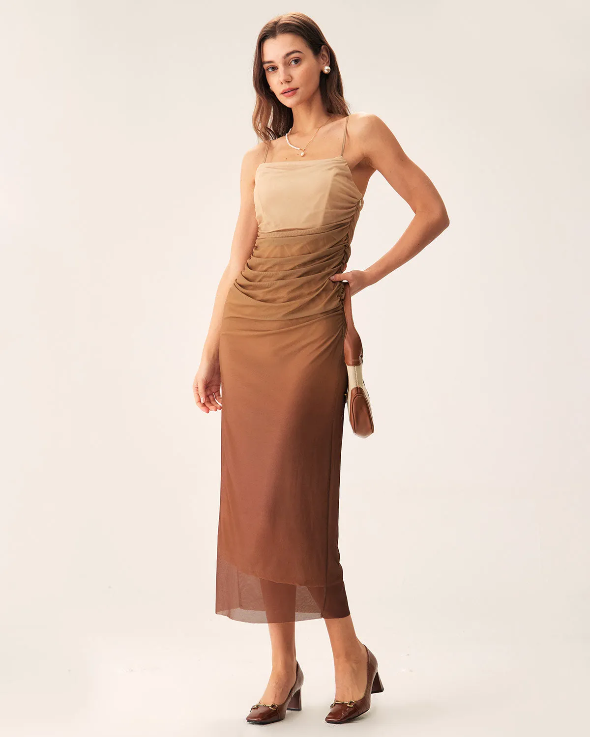 Brown Ruched Mesh Slip Midi Dress sold by rihoas product image thumbnail 3