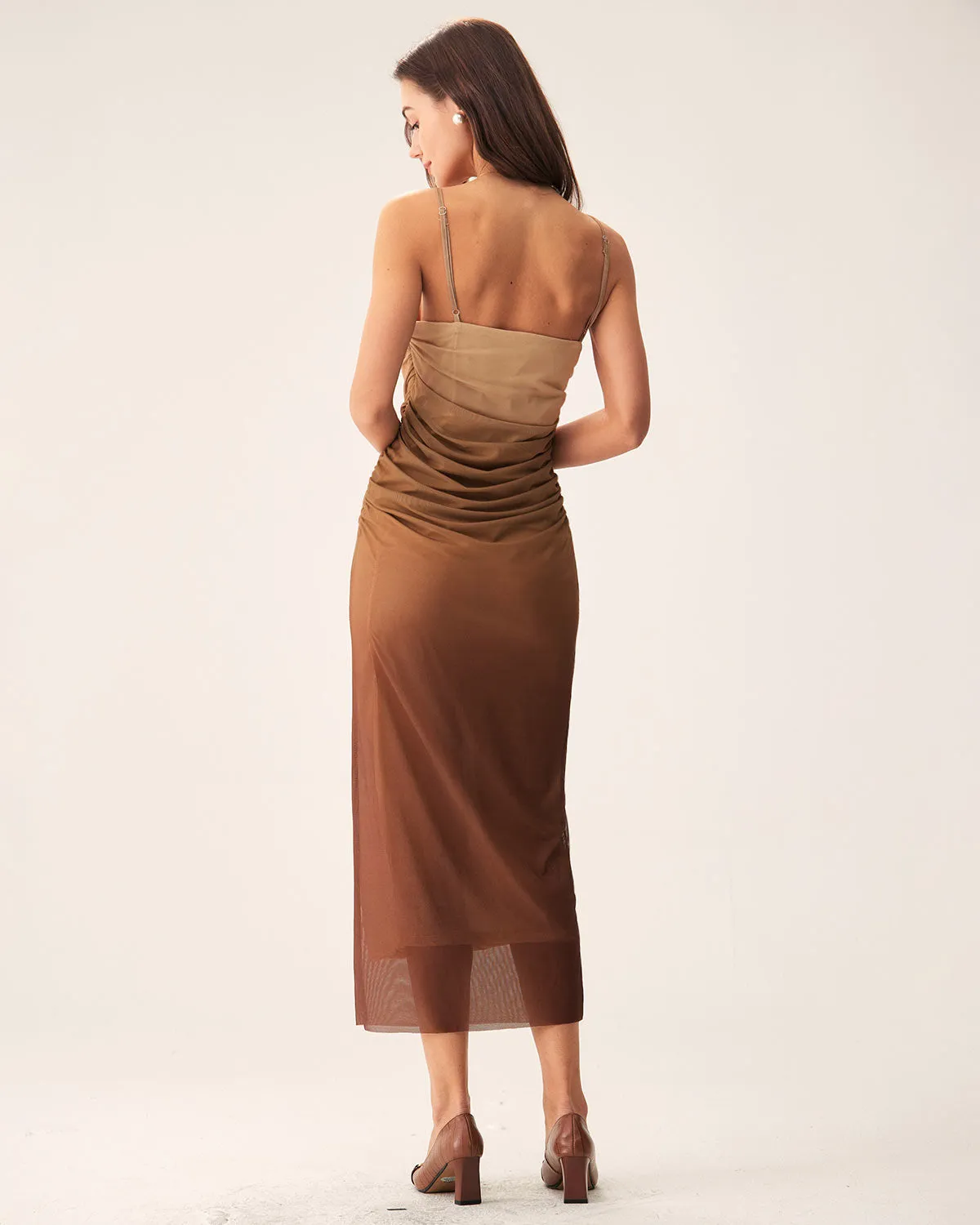Brown Ruched Mesh Slip Midi Dress sold by rihoas product image thumbnail 4
