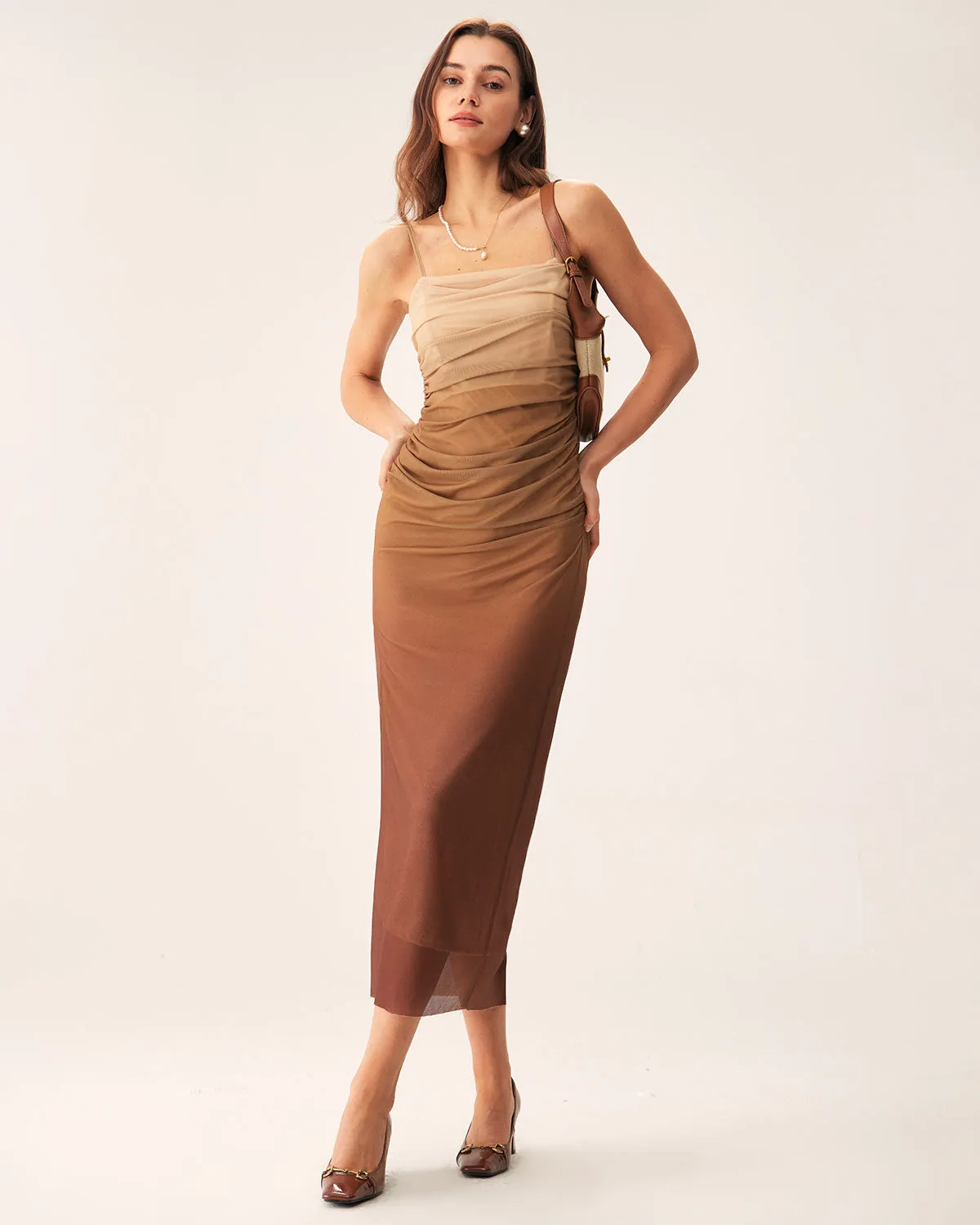 Brown Ruched Mesh Slip Midi Dress sold by rihoas