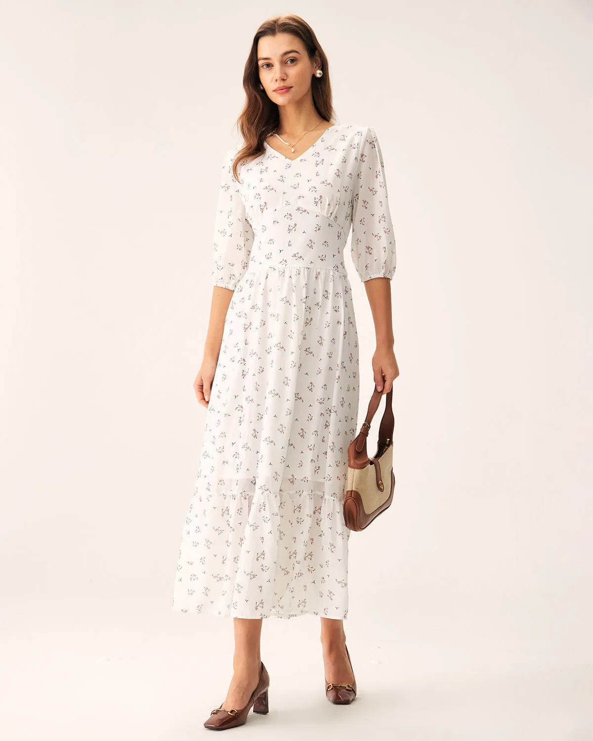 White Floral Flowy Maxi Dress sold by rihoas product image thumbnail 3