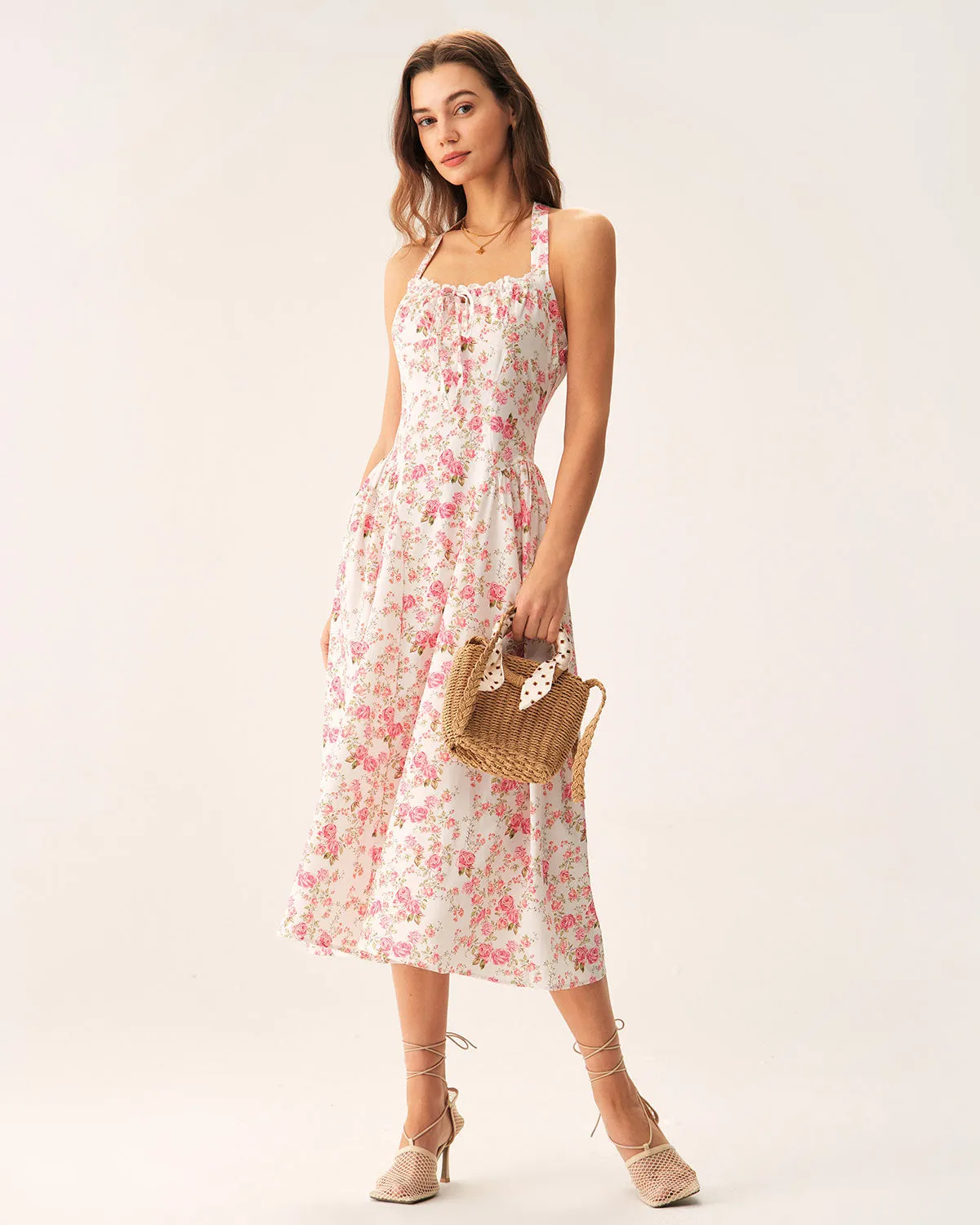 Pink Floral Halter Midi Dress sold by rihoas product image thumbnail 4