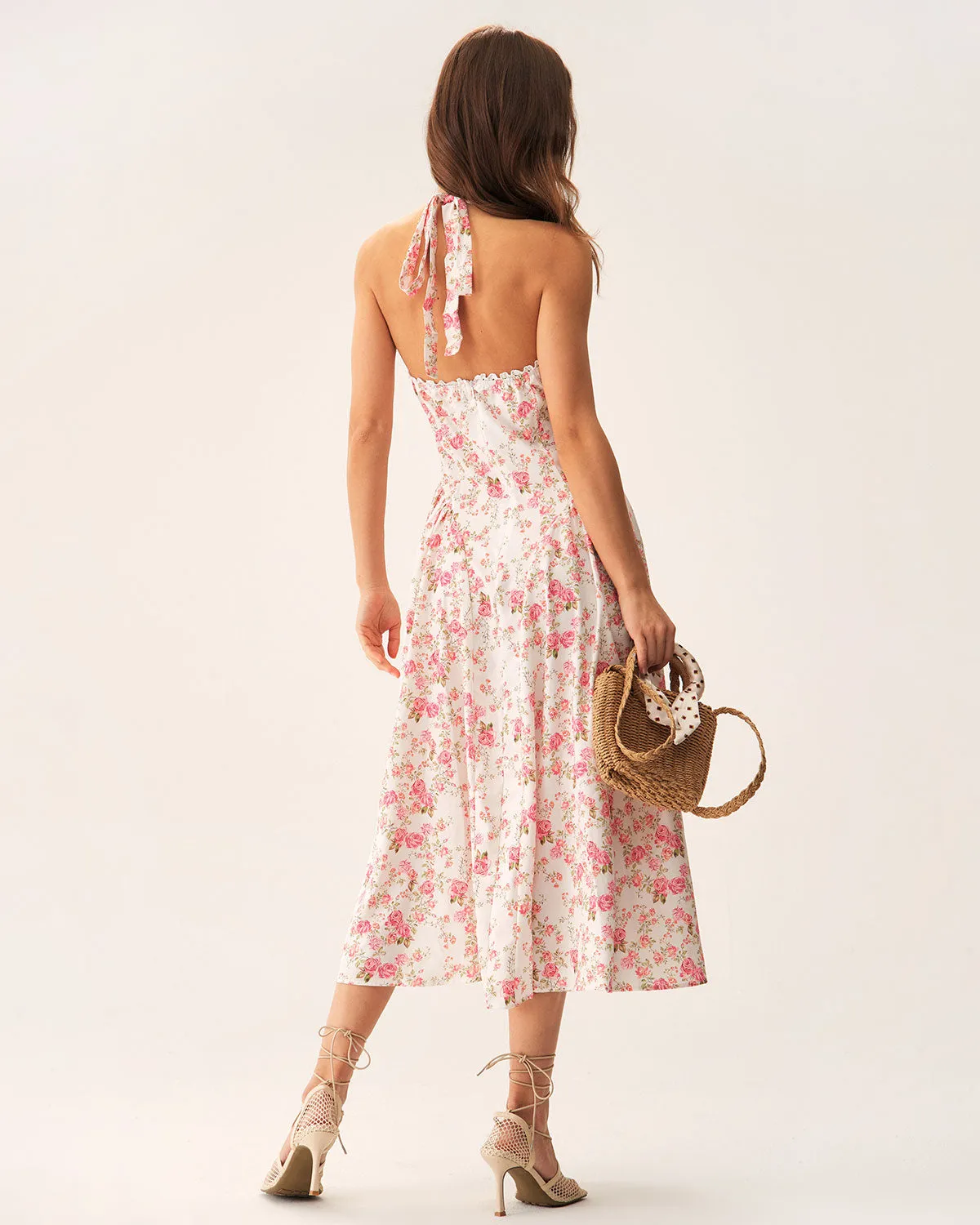 Pink Floral Halter Midi Dress sold by rihoas product image thumbnail 5