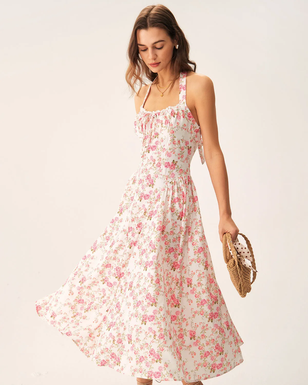 Pink Floral Halter Midi Dress sold by rihoas product image thumbnail 3