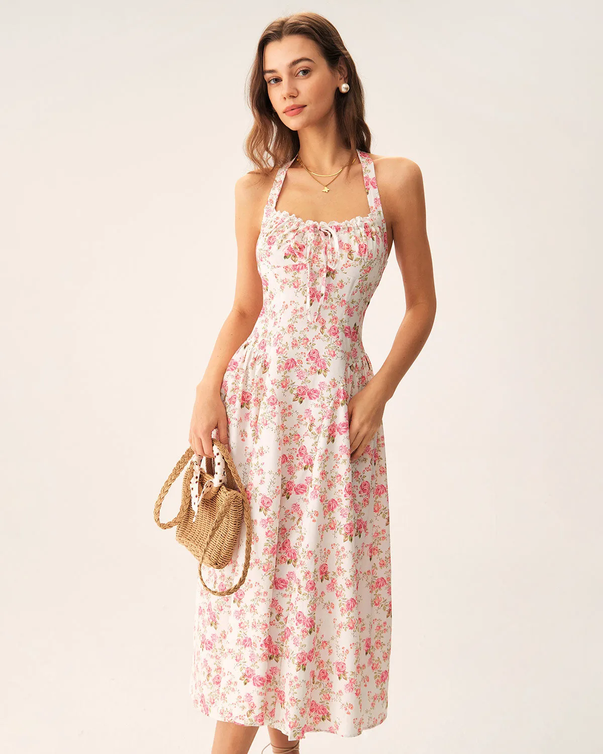Pink Floral Halter Midi Dress sold by rihoas