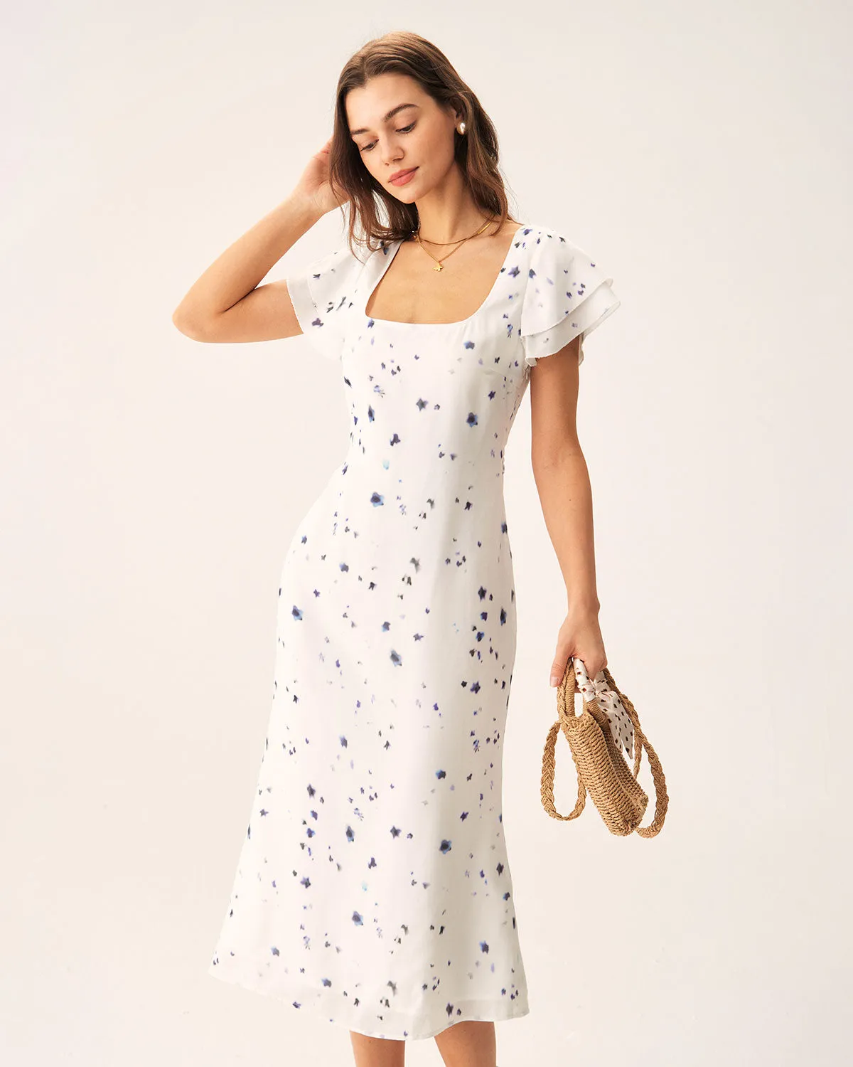 Beige Floral Square Neck Midi Dress sold by rihoas product image thumbnail 3