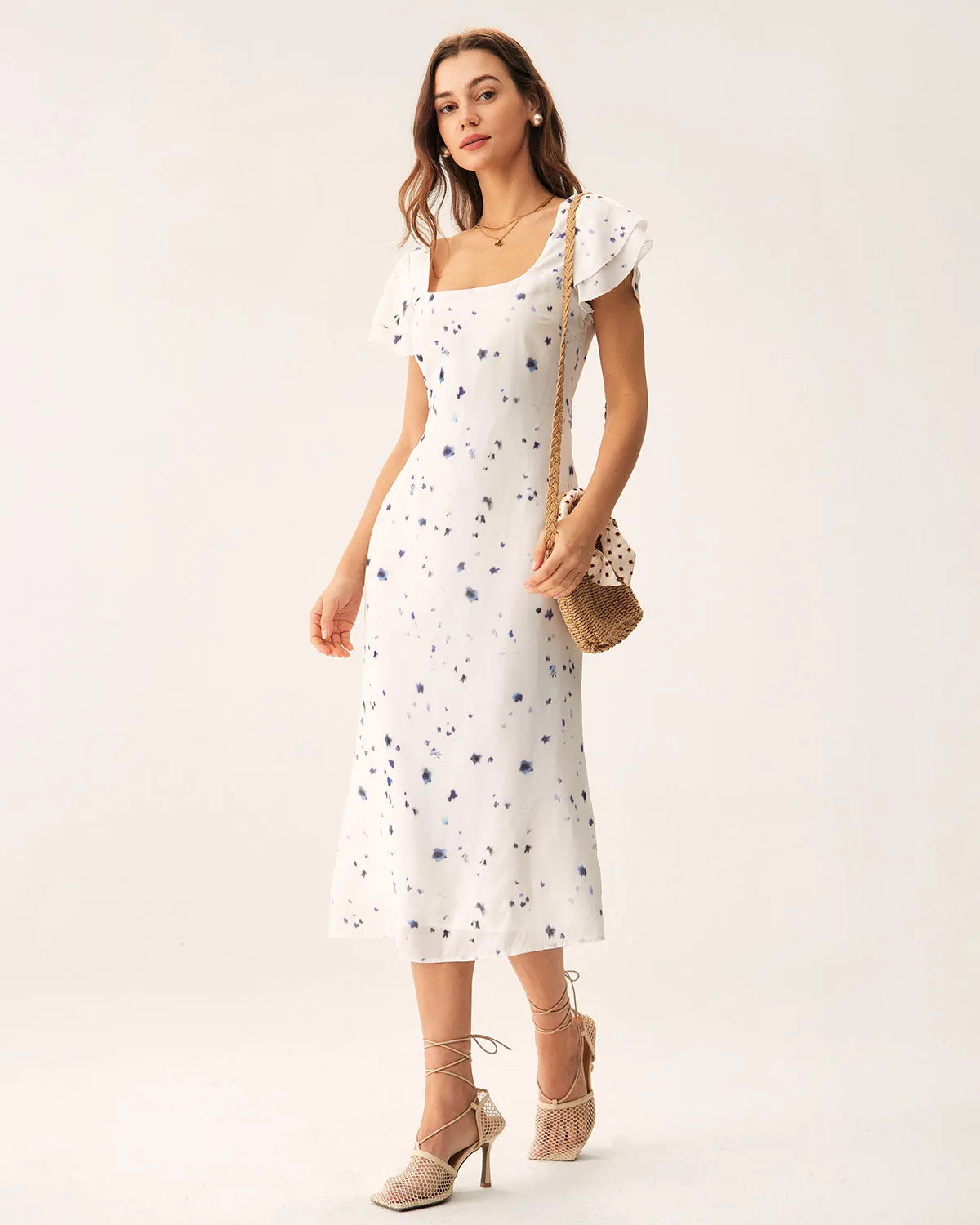 Beige Floral Square Neck Midi Dress sold by rihoas product image thumbnail 4