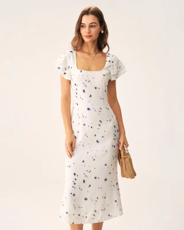 Beige Floral Square Neck Midi Dress sold by rihoas