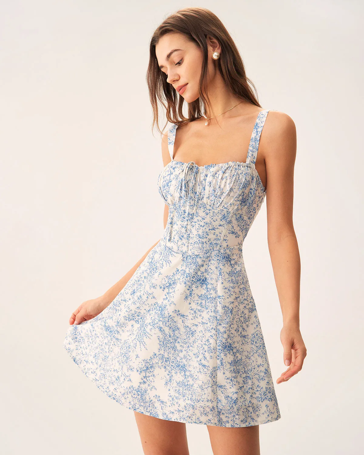 Blue Floral Ruched Slip Corset Mini Dress sold by rihoas product image thumbnail 3