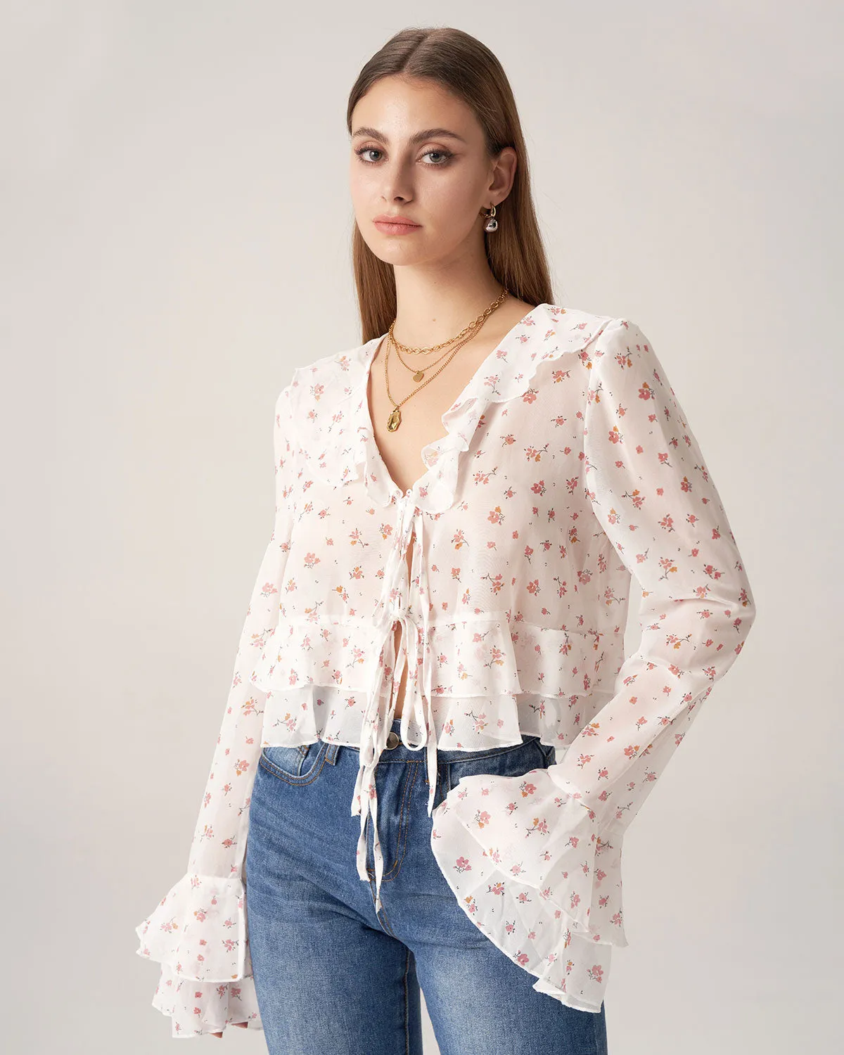 Bettydress-Floral See-through Ruffle Blouse sold by rihoas