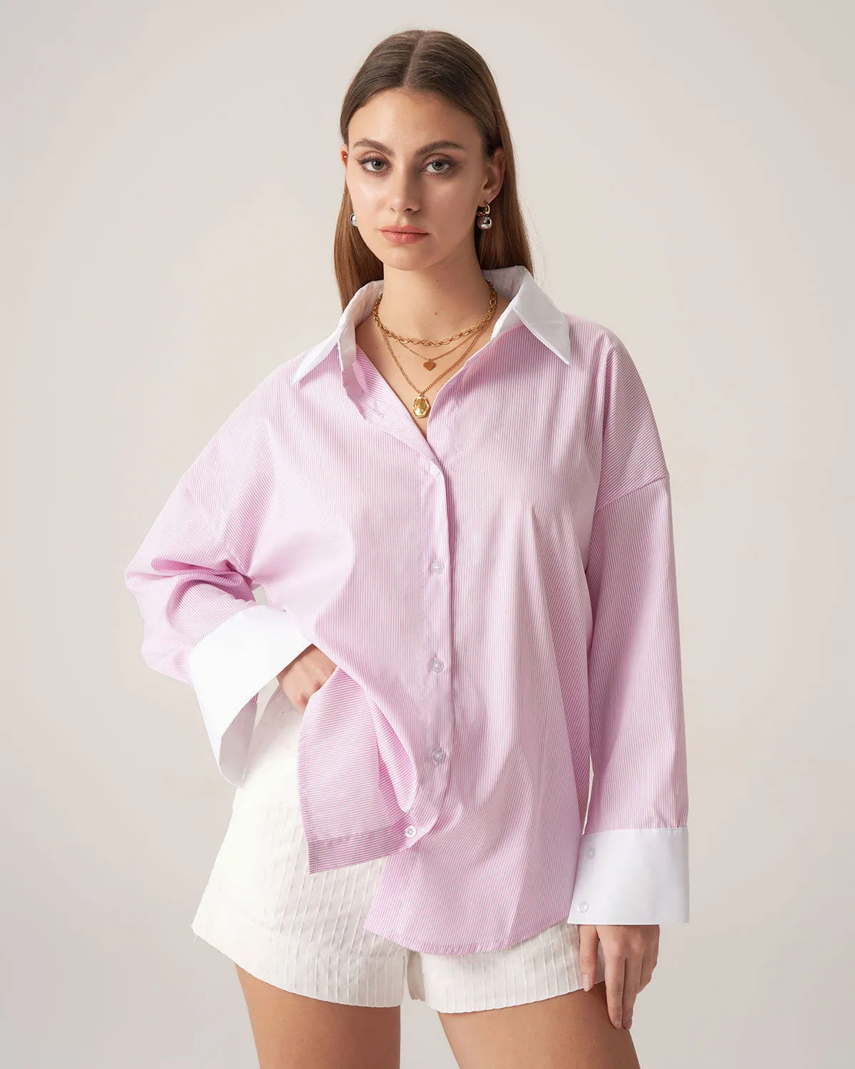 Bettydress Pink Contrast Striped Loose Shirt sold by rihoas