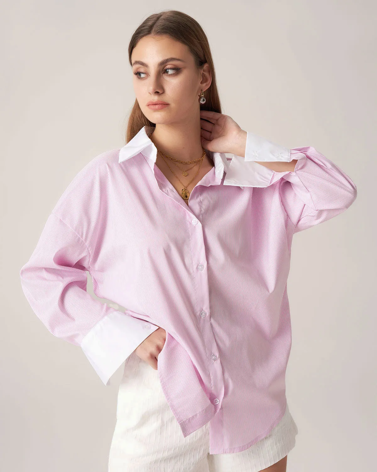 Bettydress Pink Contrast Striped Loose Shirt sold by rihoas product image thumbnail 3