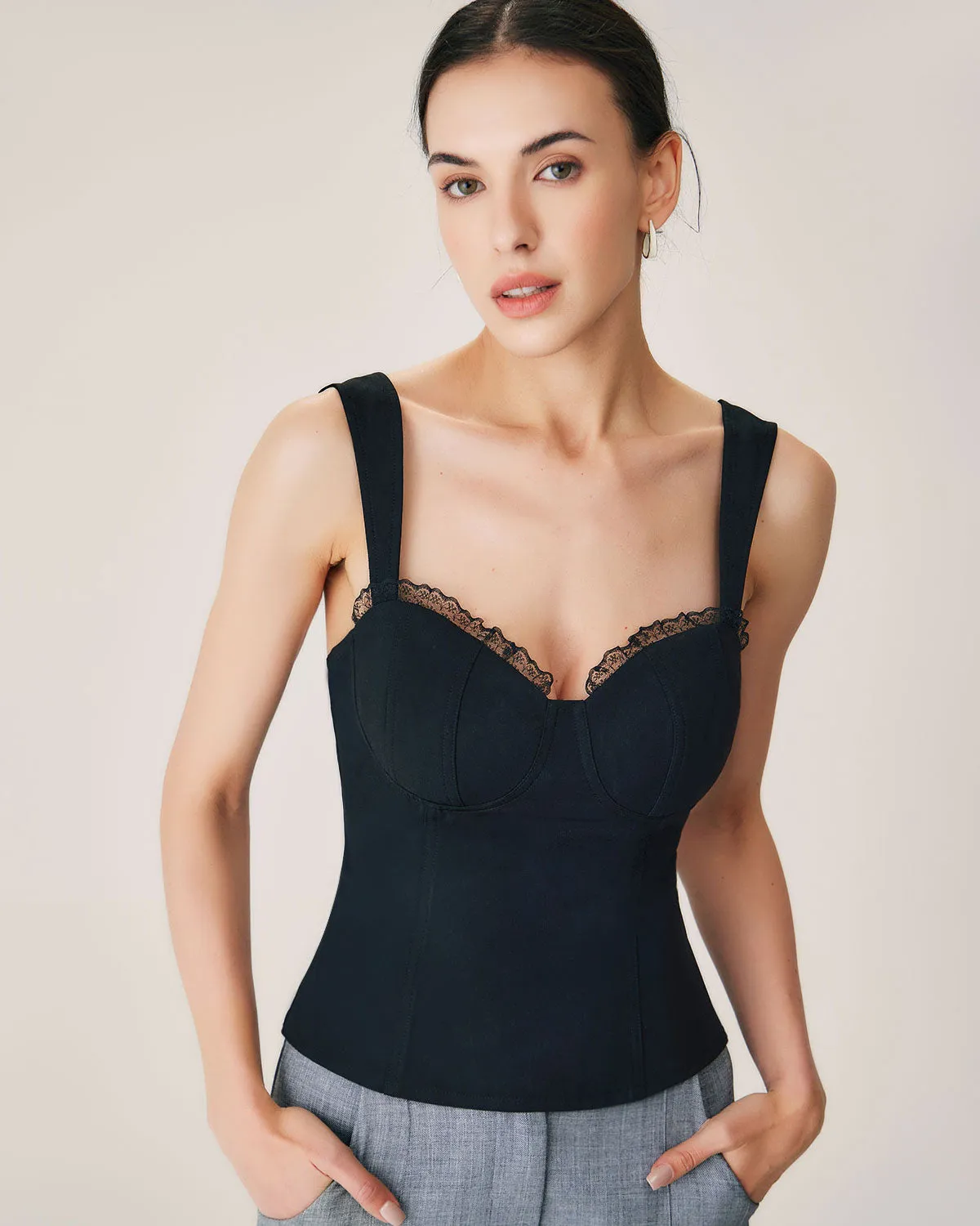 Black Lace Splicing Sweetheart Neck Camis sold by rihoas