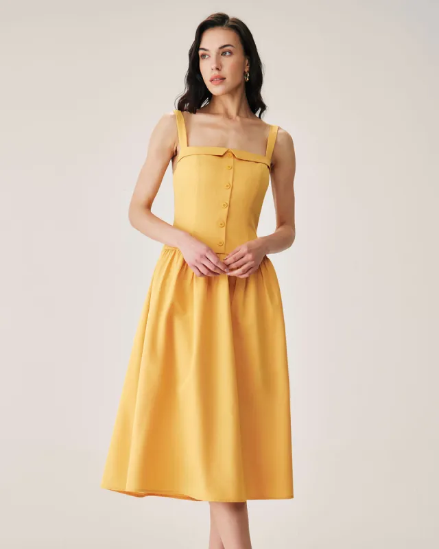 Yellow Button Pleated Slip Midi Dress sold by rihoas