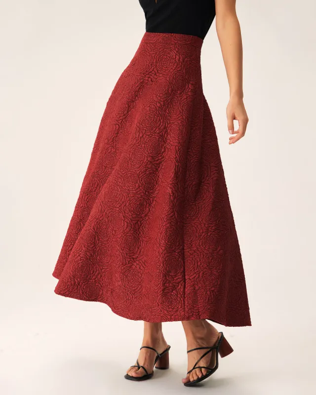 Red Jacquard A-line Midi Skirt sold by rihoas