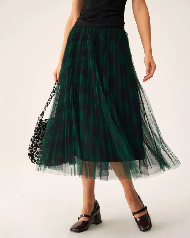 Green Mesh Pleated Midi Skirt sold by rihoas