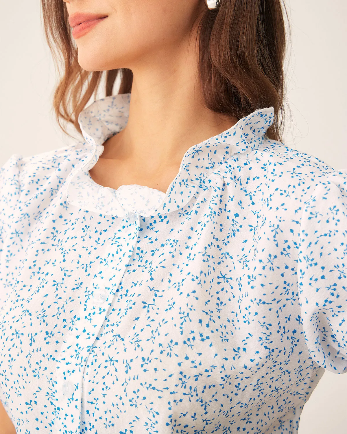 Blue Floral Puffed Sleeve Blouse sold by rihoas product image thumbnail 2