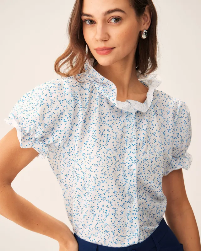 Blue Floral Puffed Sleeve Blouse sold by rihoas
