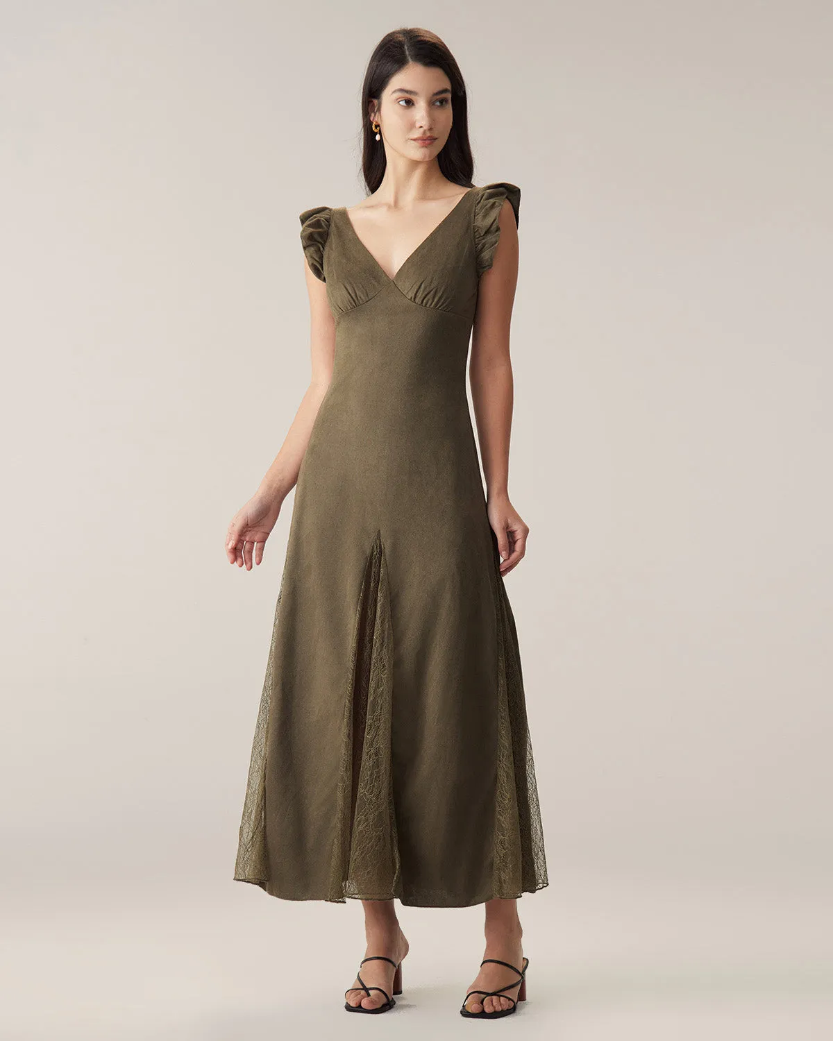 Green Ruffle Lace Splicing Maxi Dress sold by rihoas