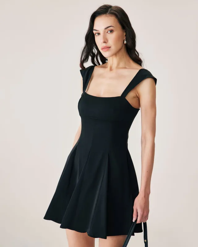 Black Square Neck Pleated Mini Dress sold by rihoas