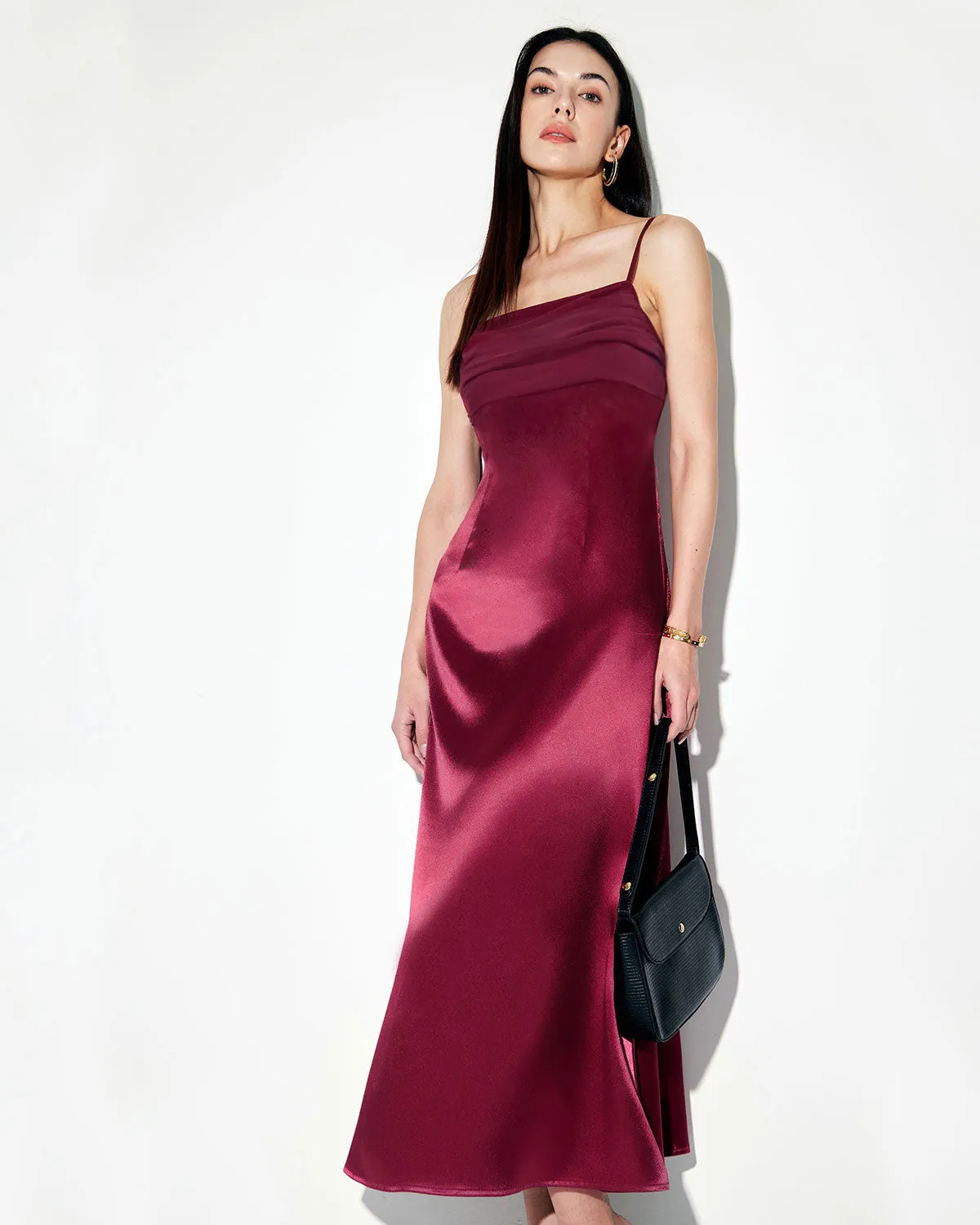 Red Satin Square Neck Slip Maxi Dress sold by rihoas