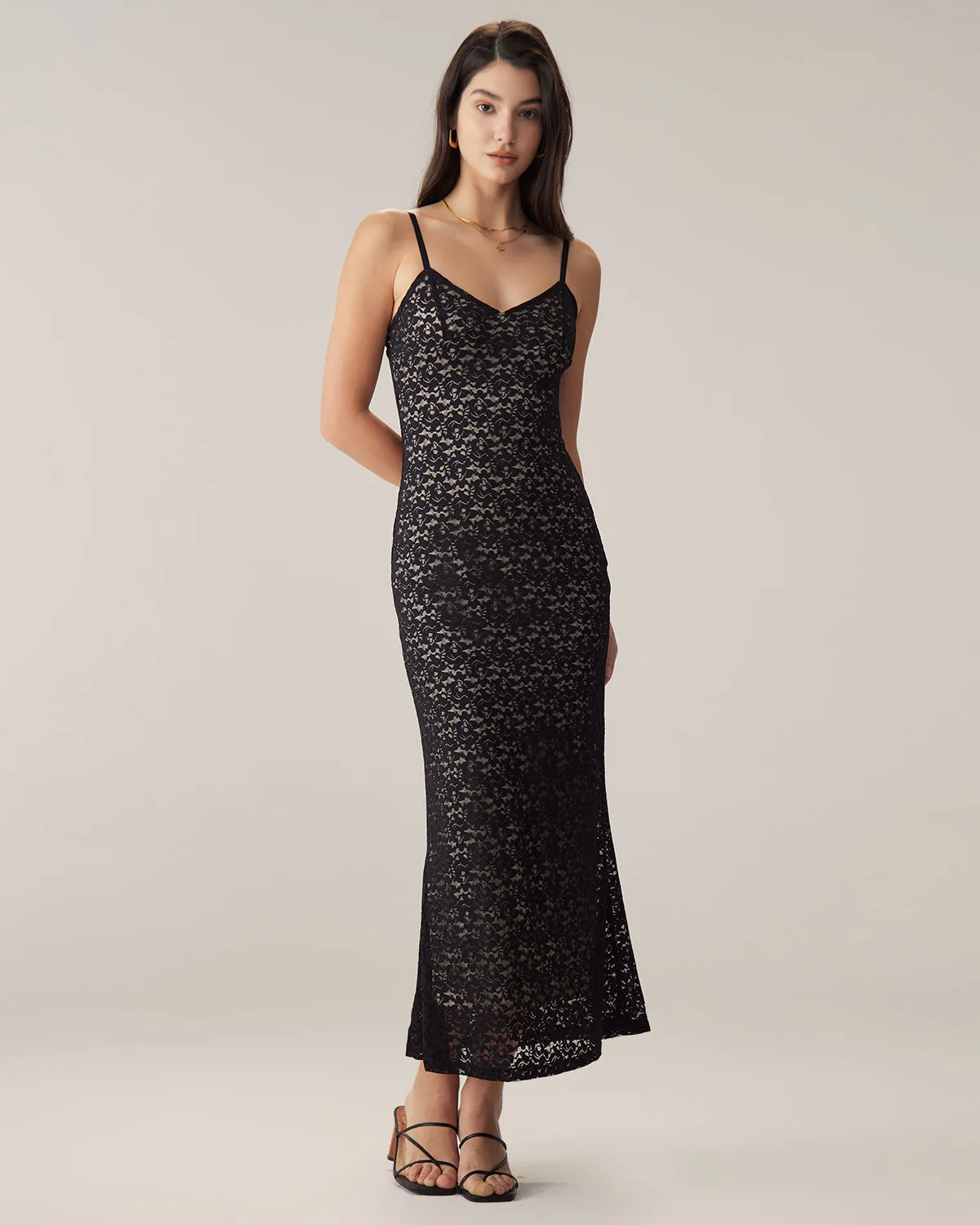 Black Lace Bodycon Slip Maxi Dress sold by rihoas