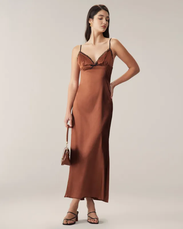 Brown Chiffon V Neck Slip Maxi Dress sold by rihoas