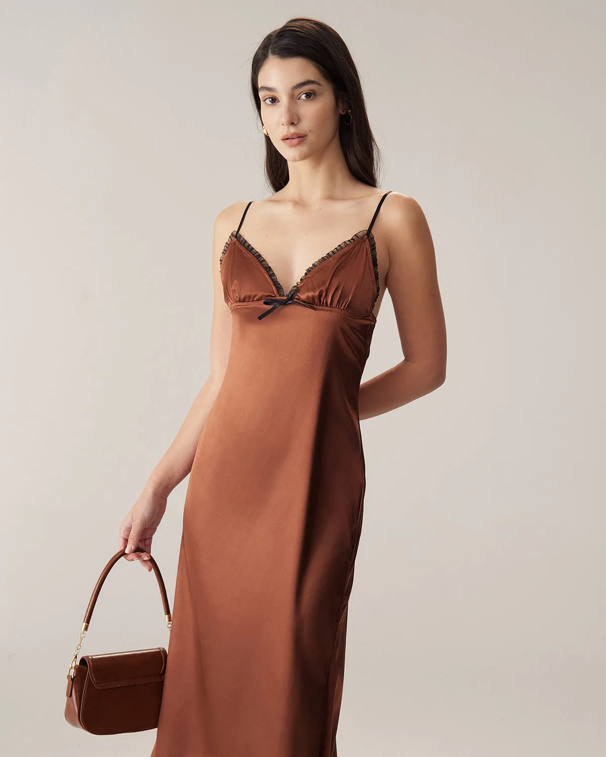 Brown Chiffon V Neck Slip Maxi Dress sold by rihoas product image thumbnail 3