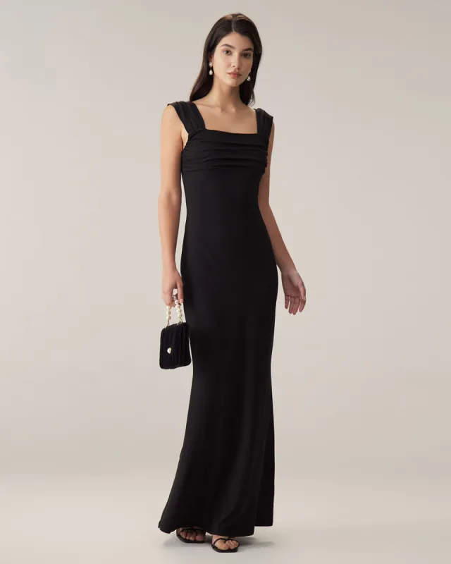 Black Ruched Trumpet Slip Maxi Dress made by rihoas