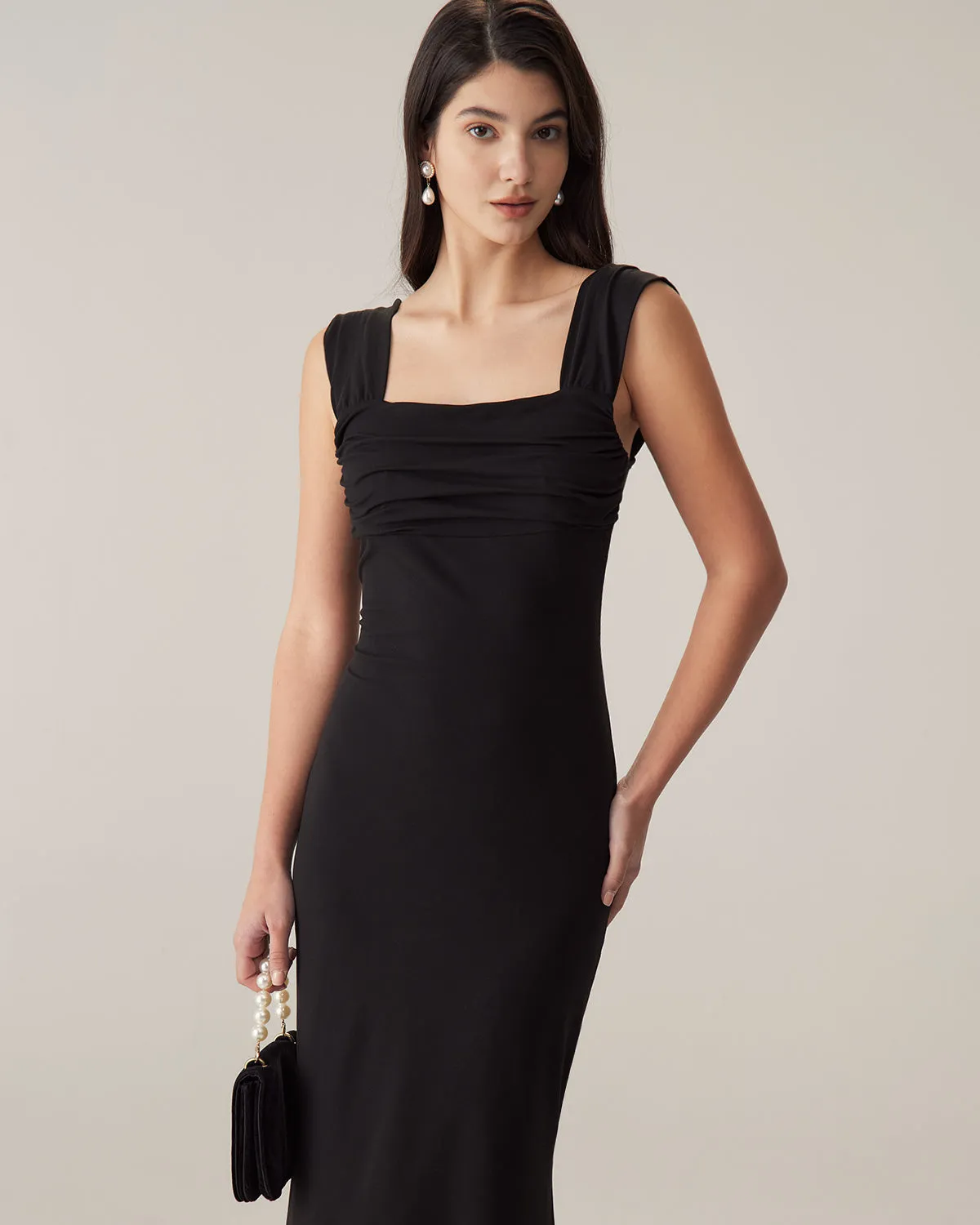 Black Ruched Trumpet Slip Maxi Dress sold by rihoas product image thumbnail 3