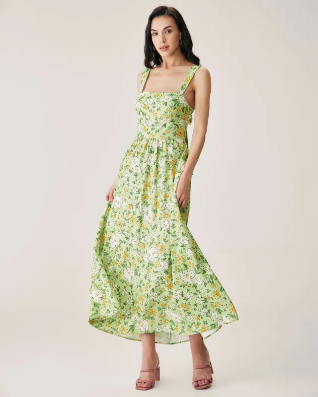 Green Floral Backless Maxi Dress sold by rihoas