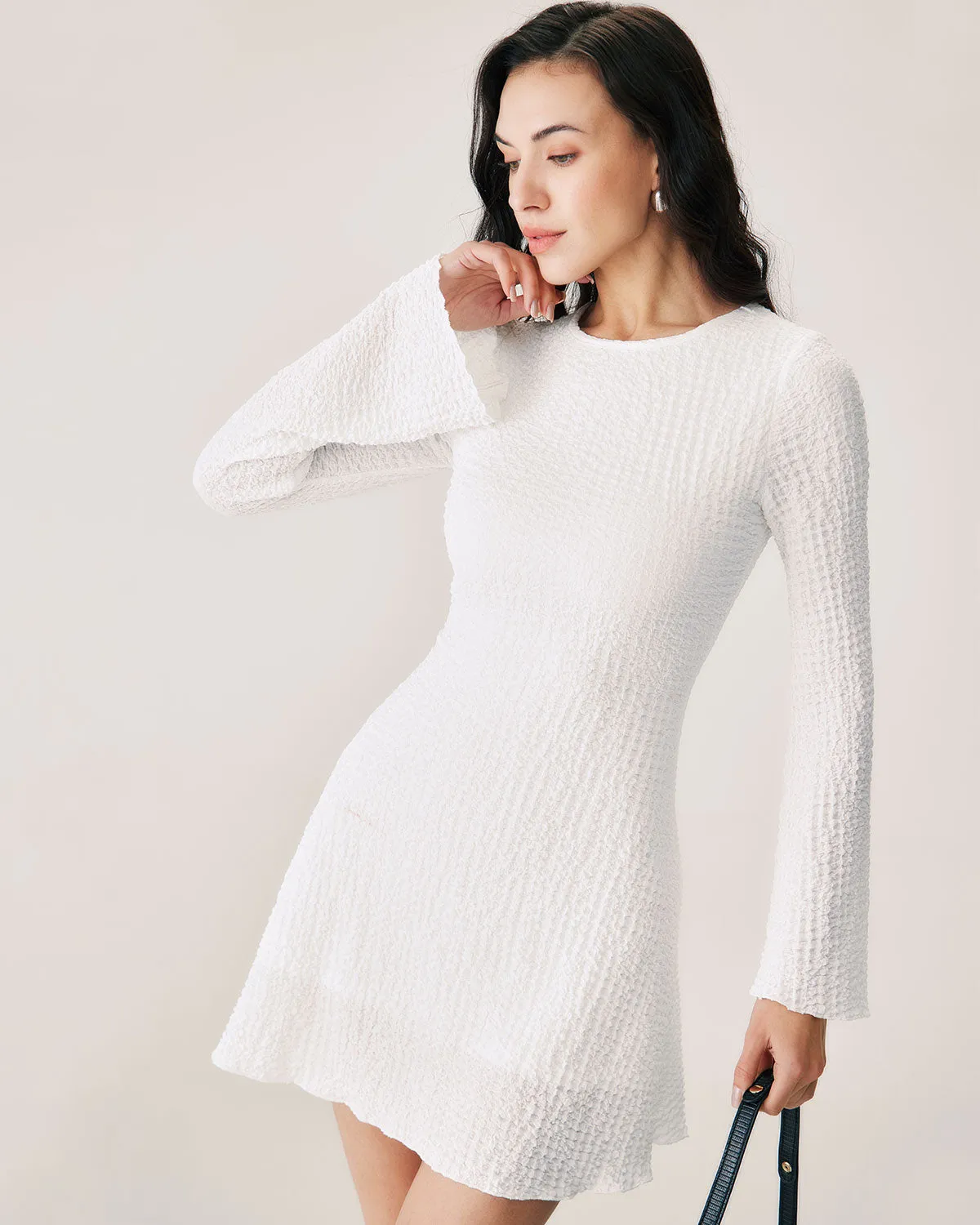 White Ruched Bell Sleeve Mini Dress sold by rihoas