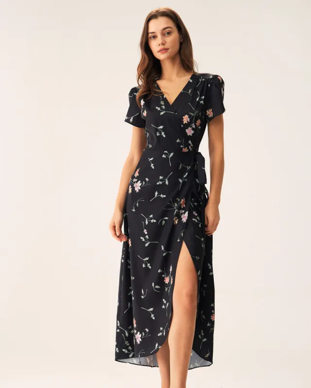 Black Floral Wrap Maxi Dress sold by rihoas