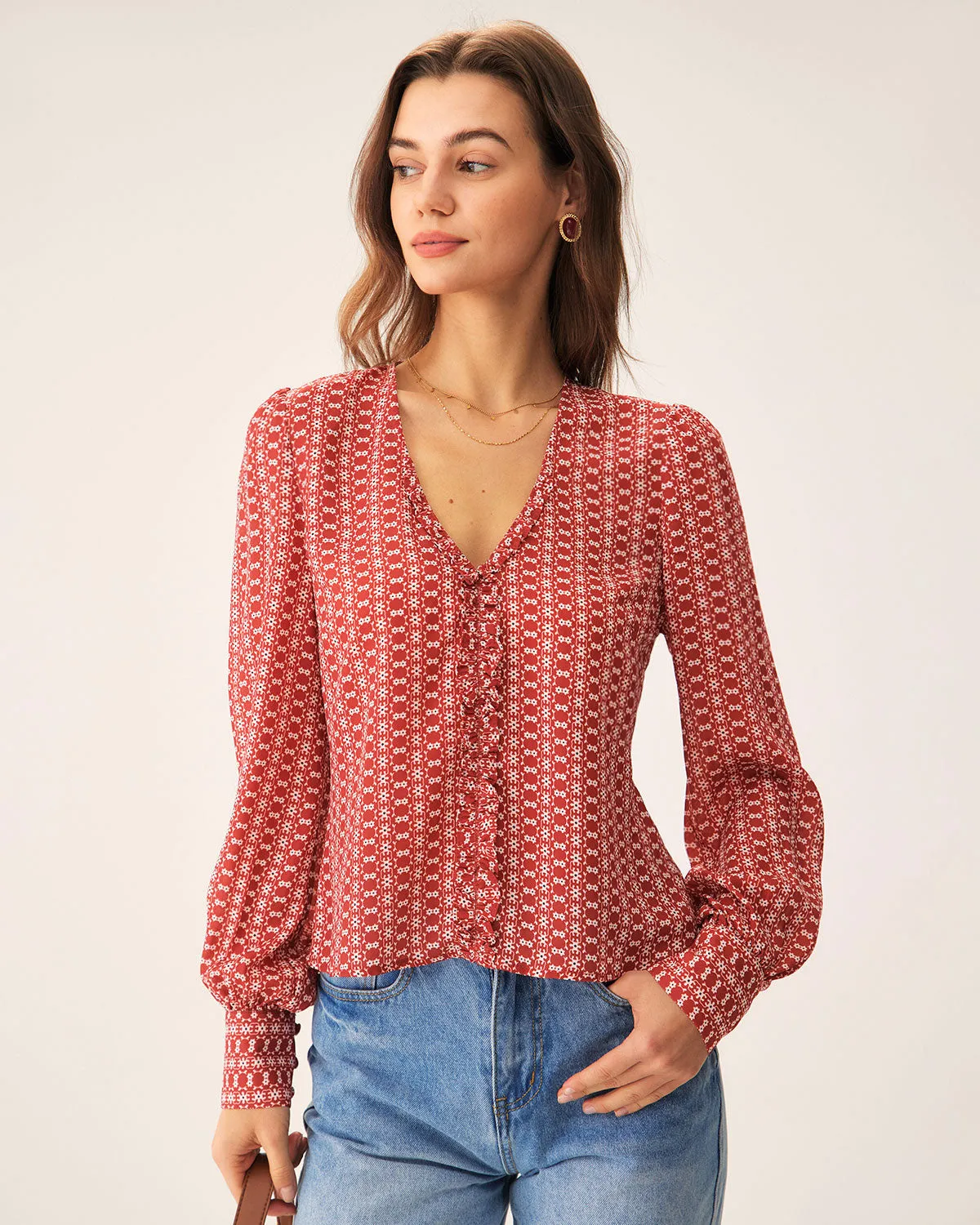 Red Floral V Neck Blouse sold by rihoas