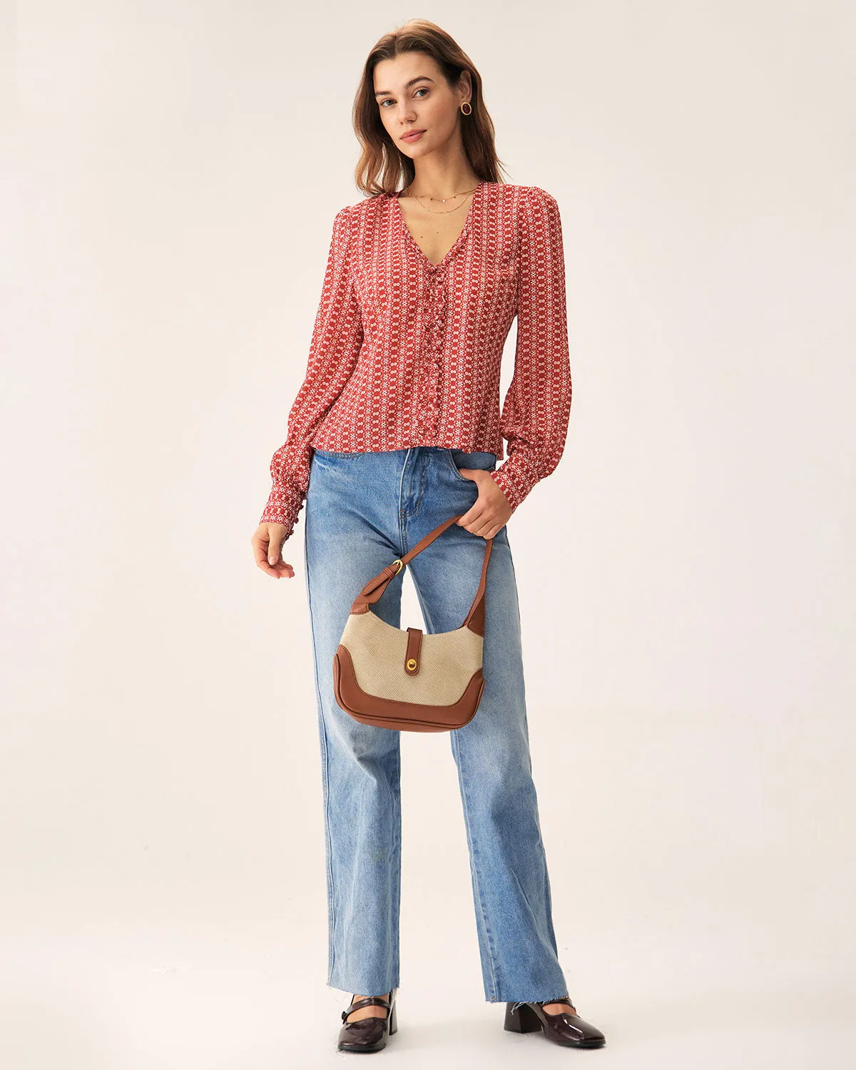 Red Floral V Neck Blouse sold by rihoas product image thumbnail 3