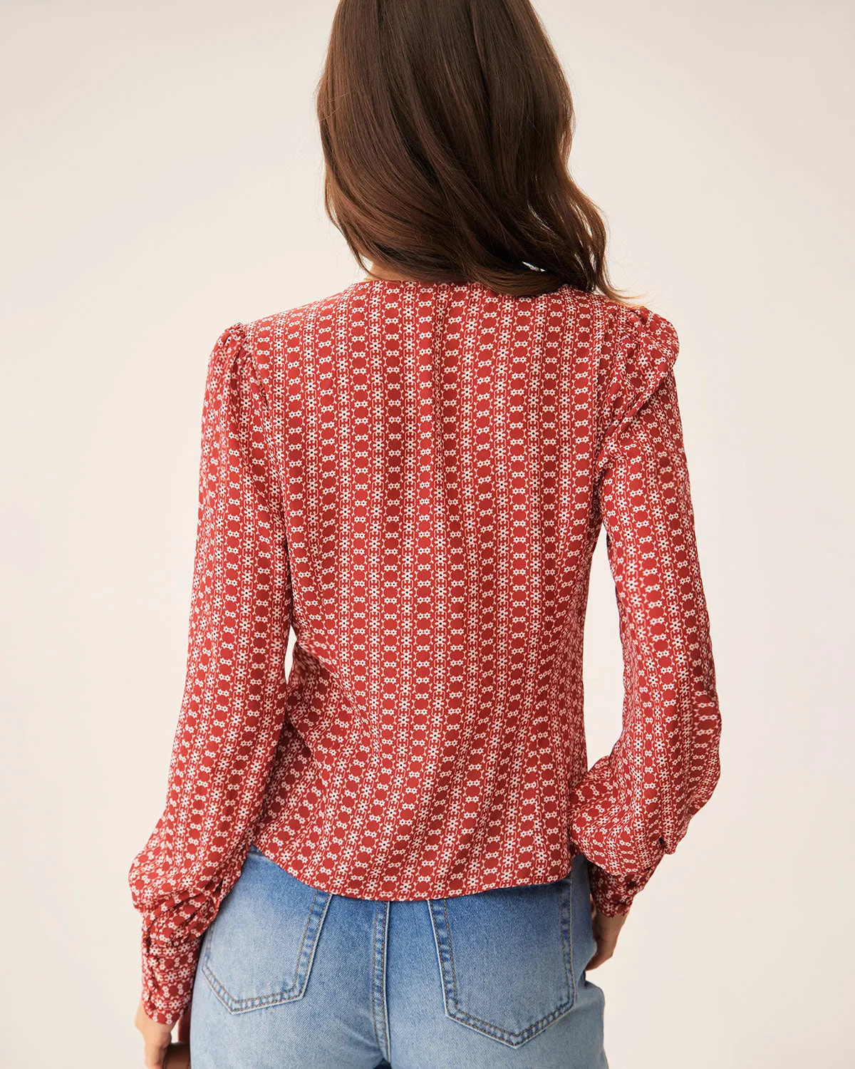 Red Floral V Neck Blouse sold by rihoas product image thumbnail 5