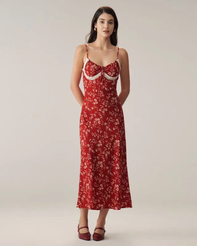 Red Floral Ruched Slip Midi Dress sold by rihoas
