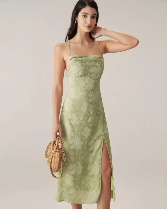Green Jacquard Backless Slip Midi Dress sold by rihoas