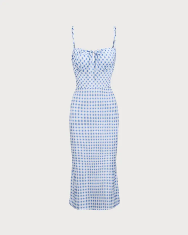 Blue Plaid Ruched Slip Midi Dress sold by rihoas
