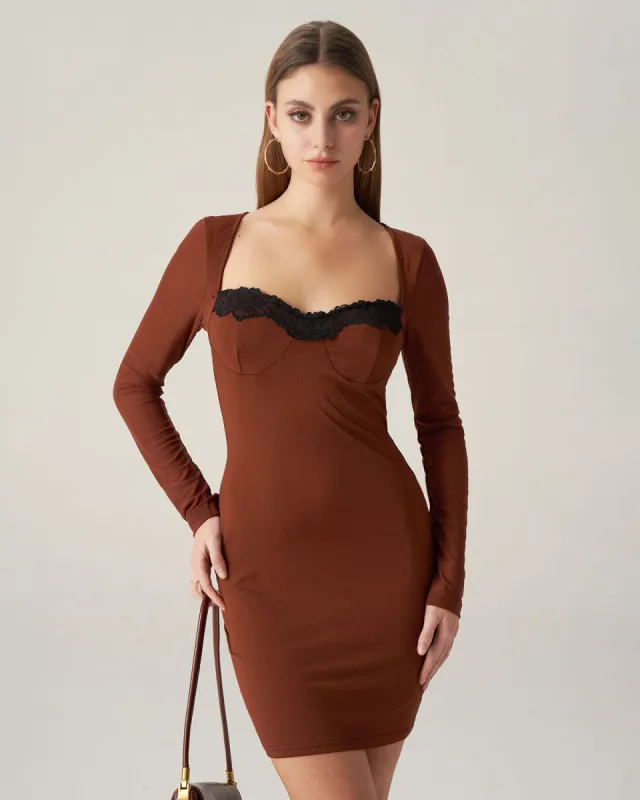 Bettydress-Brown Lace Splicing Bodycon Mini Dress sold by rihoas