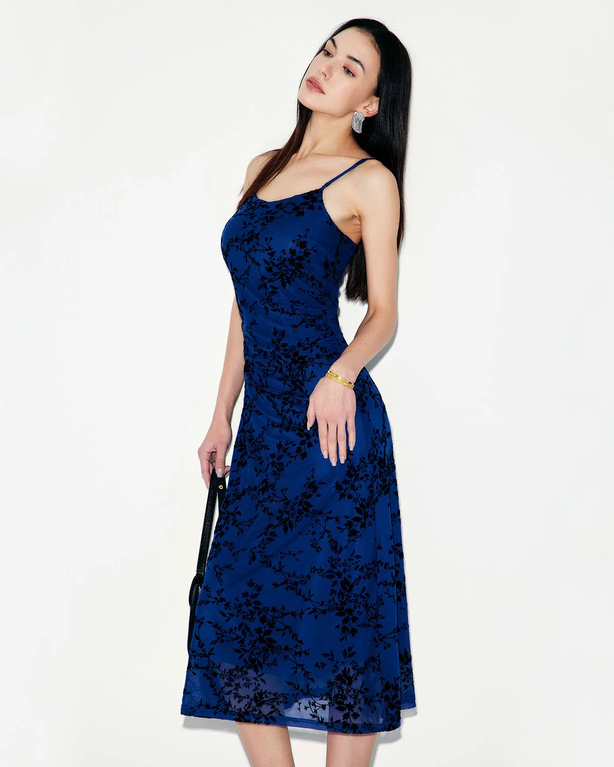 Blue Floral Bodycon Slip Midi Dress sold by rihoas