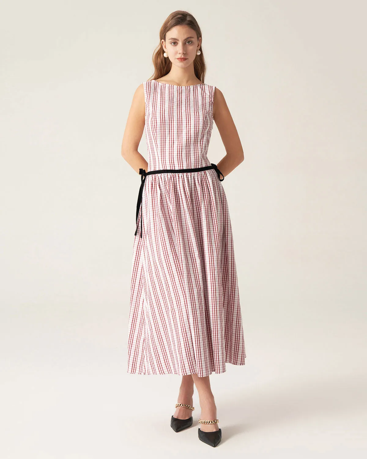 Red Plaid Boat Neck Midi Dress sold by rihoas
