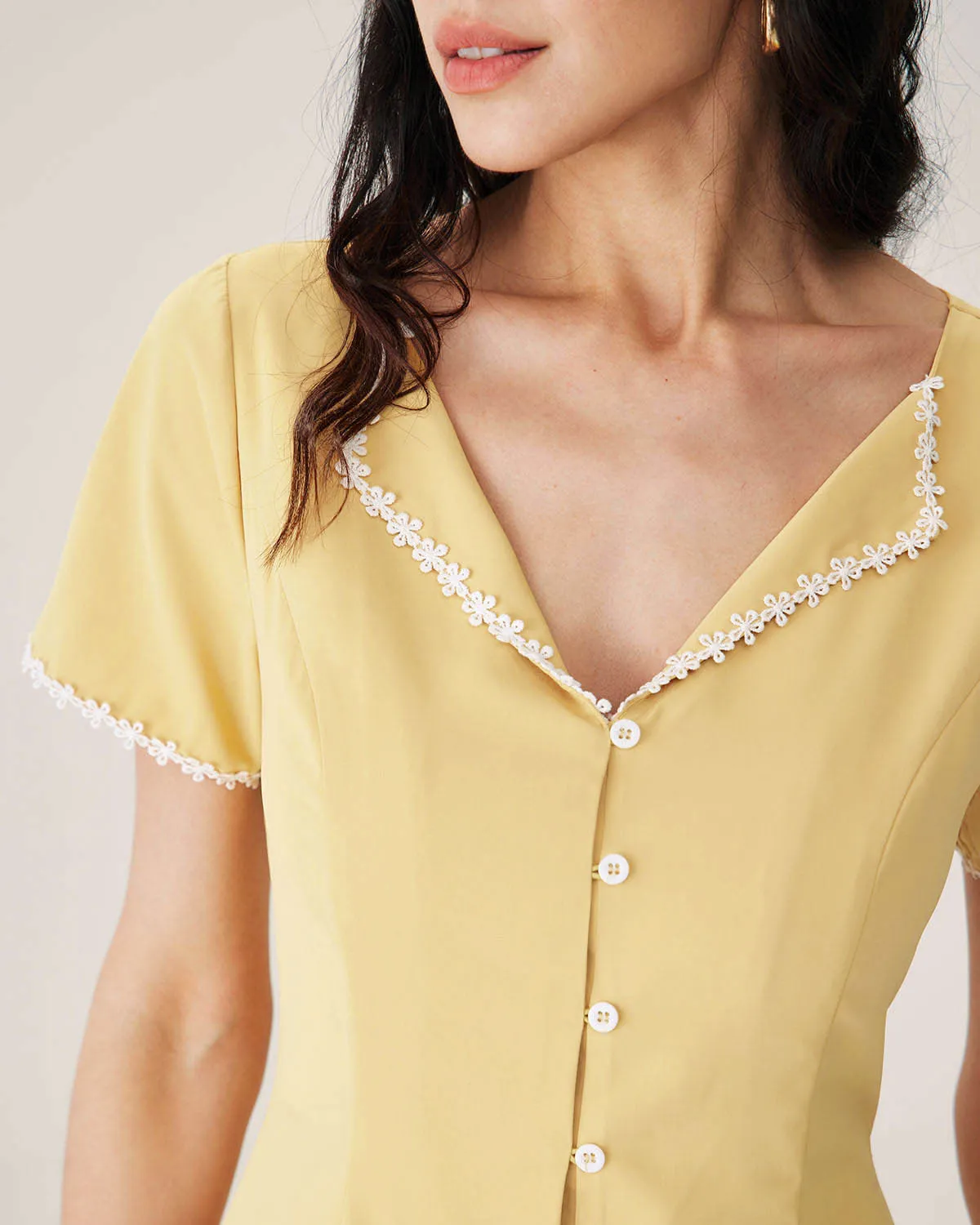 Yellow V-neck Button Mini Dress sold by rihoas product image thumbnail 2