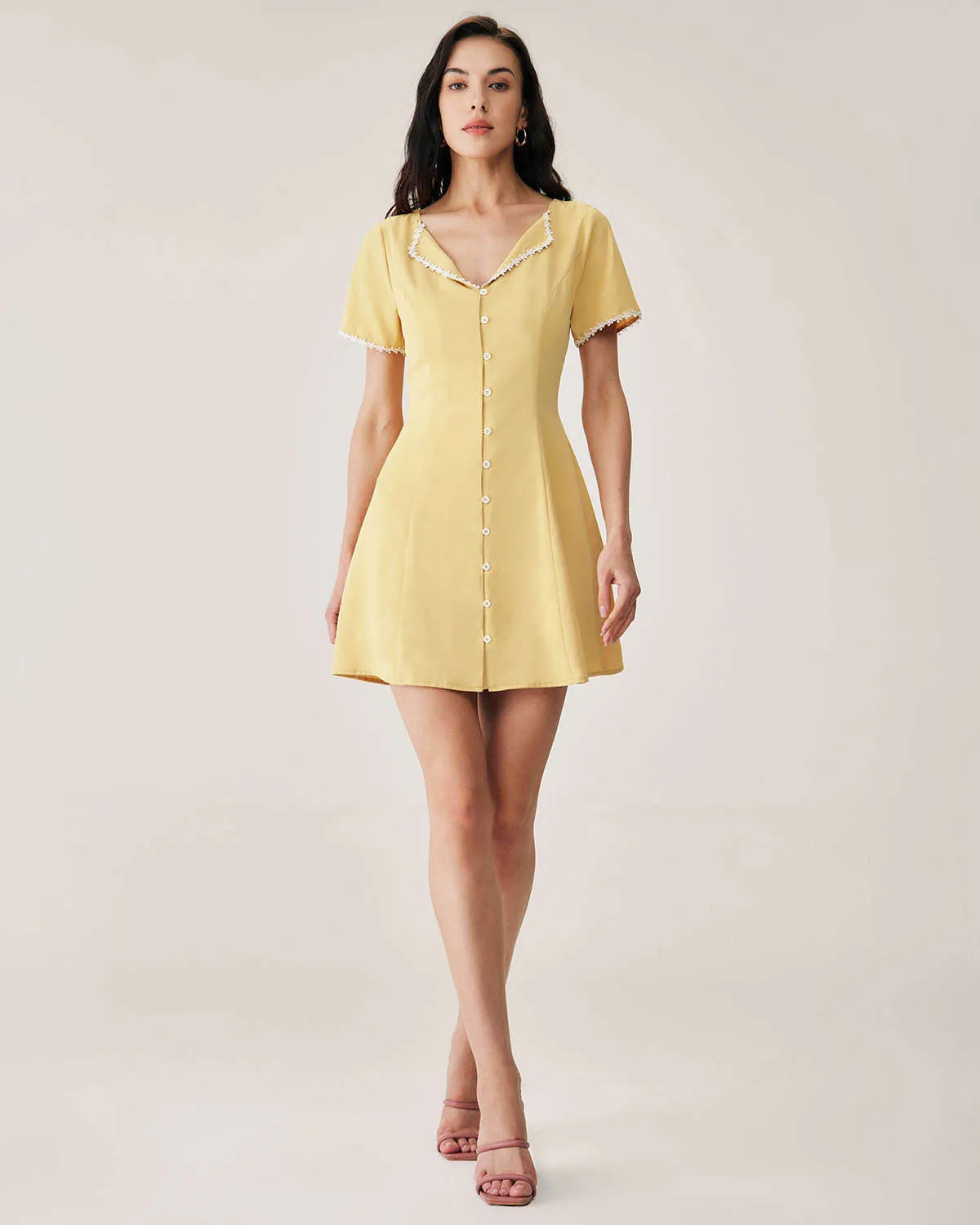 Yellow V-neck Button Mini Dress sold by rihoas product image thumbnail 4