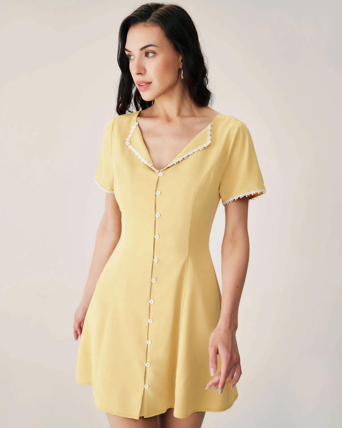 Yellow V-neck Button Mini Dress sold by rihoas