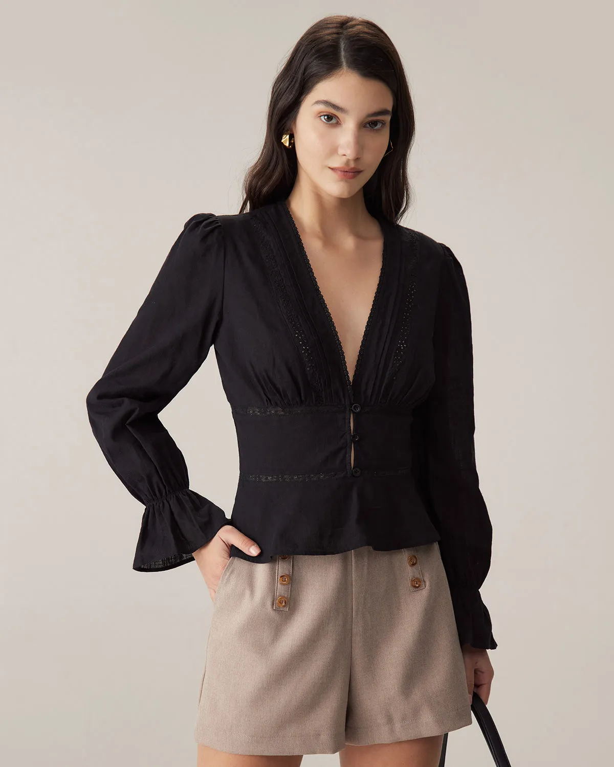 Black V-Neck Ruffle Blouse sold by rihoas