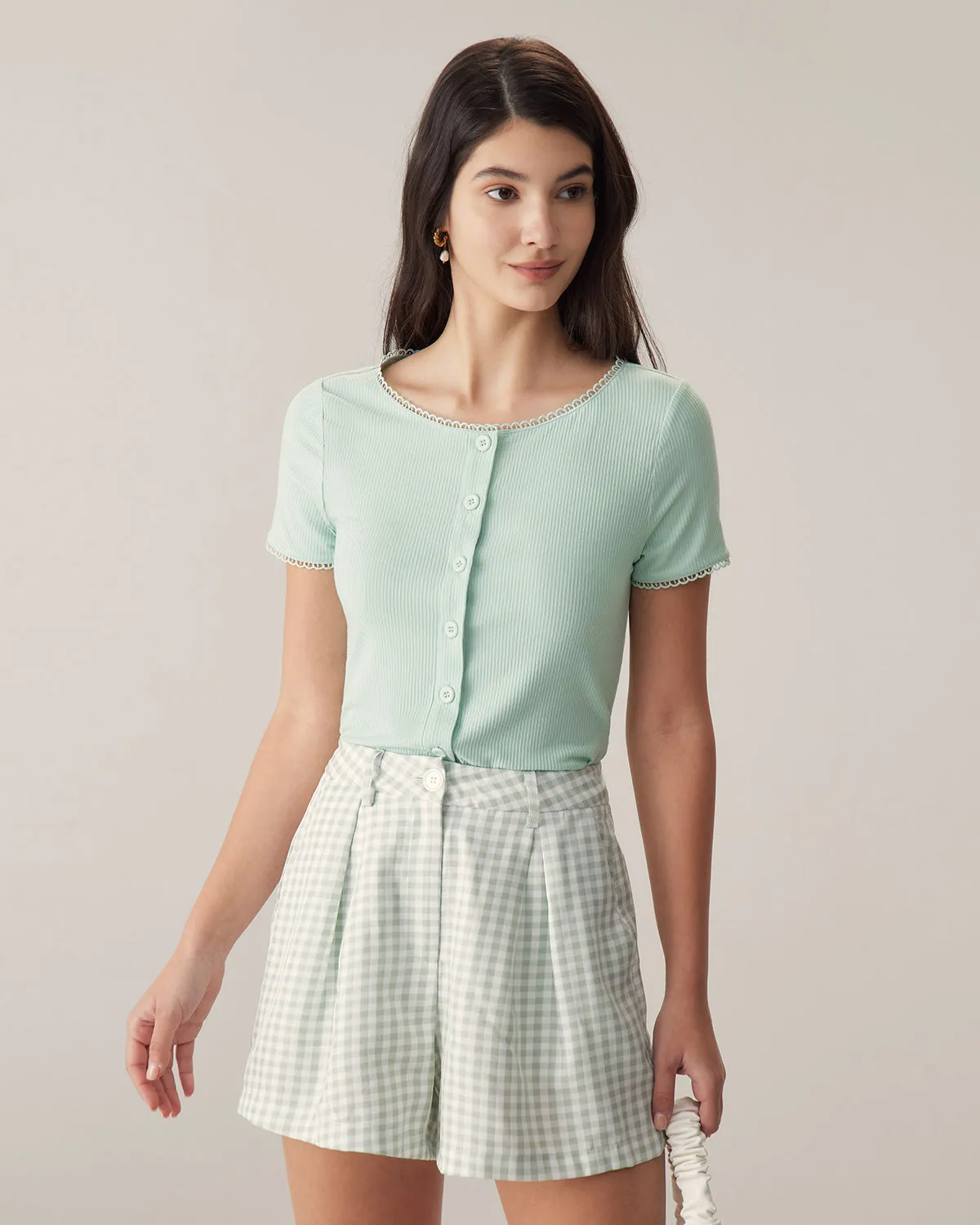 Green Round Neck Button Slim Tee sold by rihoas